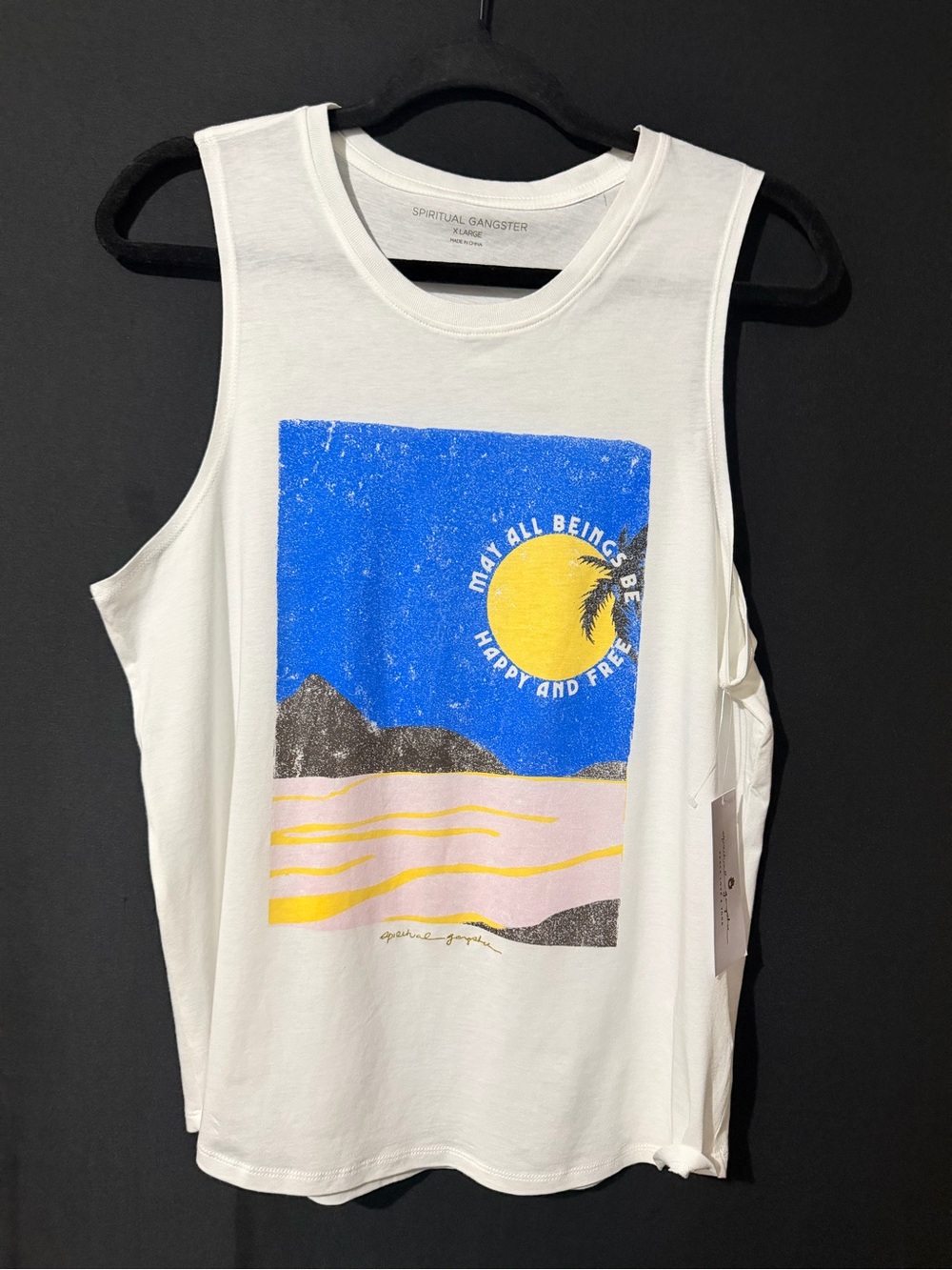 Spiritual Gangster White Tank with Blue, Yellow & Pink Graphic